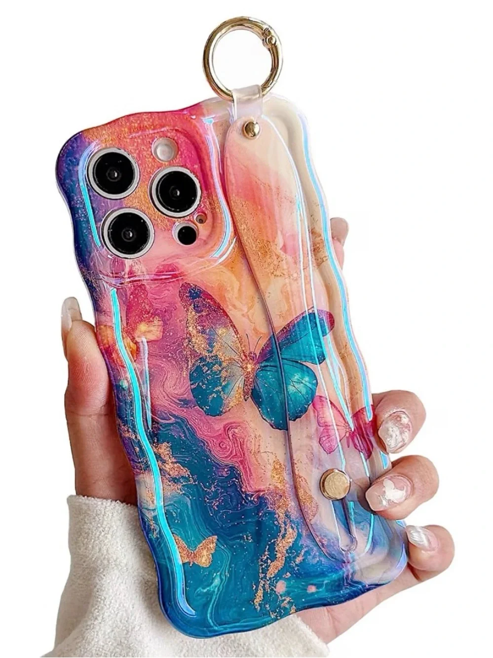 Stylish Blue Pink Butterfly Phone Case with Wrist Strap i phone 13 pro New